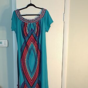 Ashley Stewart African/Tribal Print Midi Dress With Tie Belt (Teal/Blue)